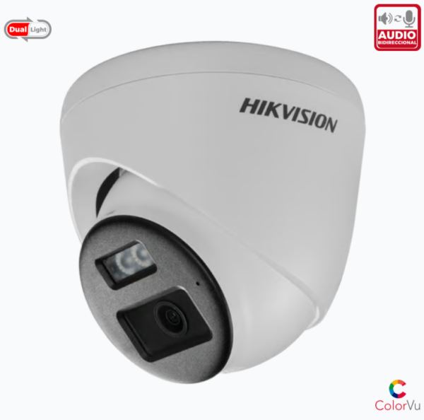 AUDIO BIDIRECCIONAL + DUAL LIGHT + COLORVU TURRET TURBOHD 3K (5 MEGAPIXEL) / LENTE 2.8 MM / 40 MTS IR EXIR + 40 MTS LUZ BLANCA / MICRÓFONO Y BOCINA INTEGRADO / EXTERIOR IP67 / DWDR