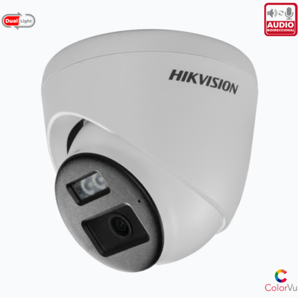 AUDIO BIDIRECCIONAL + DUAL LIGHT + COLORVU TURRET TURBOHD 2 MEGAPIXEL (1080P) / LENTE 2.8 MM / 40 MTS IR EXIR + 40 MTS LUZ BLANCA / MICRÓFONO Y BOCINA INTEGRADO / EXTERIOR IP67 / DWDR