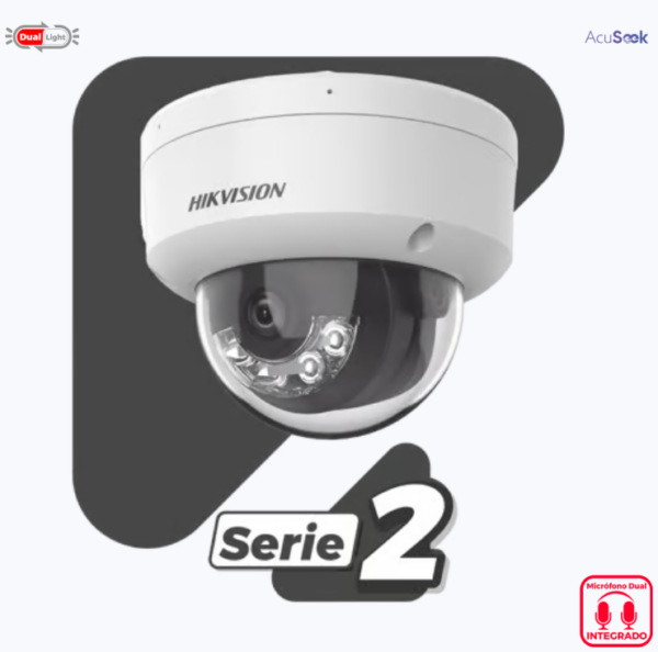 DUAL LIGHT + 2 MICRÓFONOS INTEGRADOS DOMO IP 2 MEGAPIXEL / LENTE 2.8 MM / 30 MTS LUZ BLANCA + 30 MTS IR / ACUSENSE / EXTERIOR IP67 / IK10 / WDR 120 DB / POE / ONVIF / MICRO SD / METAL / ACUSEARCH
