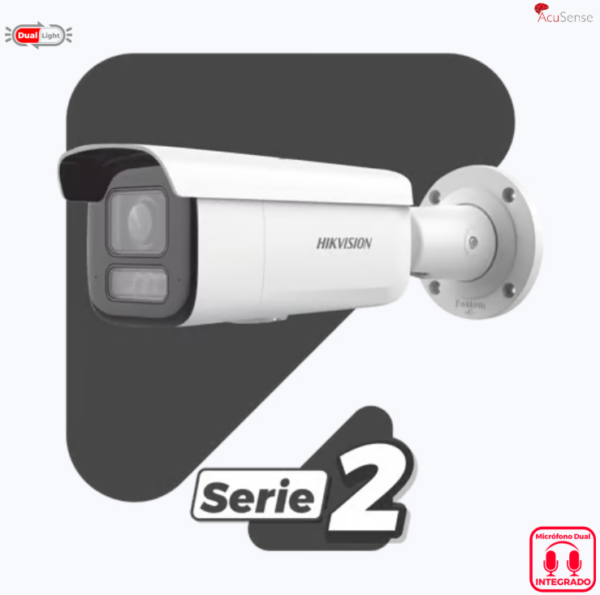 DUAL LIGHT + 2 MICRÓFONOS INTEGRADOS BALA IP 8 MEGAPIXEL (4K) / LENTE MOTORIZADO 2.8-12 MM / 60 M LUZ BLANCA + 60 M IR / ACUSENSE / EXTERIOR IP67 / IK10 / WDR 120 DB / POE 802.3AT / ONVIF / ALARMAS I/O / MICRO SD / ACUSEARCH