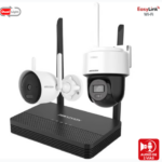 KIT IP INALÁMBRICO 4 MEGAPIXEL / NVS 4 CANALES / 1 CÁMARA BALA EXTERIOR + 1 CÁMARA TURRET INTERIOR CON LENTE 2.8 MM Y DUAL LIGHT / AUDIO BIDIRECCIONAL (MICRÓFONO Y BOCINA) / SOPORTA MICRO SD DE 512 GB