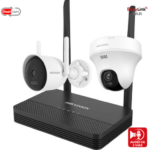 KIT IP INALÁMBRICO 4 MEGAPIXEL / NVS 4 CANALES / 1 CÁMARA BALA EXTERIOR + 1 CÁMARA TURRET INTERIOR CON LENTE 2.8 MM Y DUAL LIGHT / AUDIO BIDIRECCIONAL (MICRÓFONO Y BOCINA) / SOPORTA MICRO SD DE 512 GB