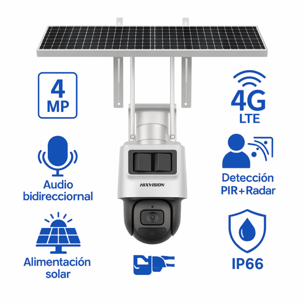 KIT SOLAR IP ALL IN ONE / DOBLE DETECCIÓN (RADAR + PIR) / PT IP 4 MEGAPIXEL / LENTE 2.8 MM / PANEL SOLAR / BATERÍA DE RESPALDO DE LITIO 90WH (HASTA 2 DÍAS) / CONEXIÓN 4G / AUDIO DE DOS VÍAS / ACCESORIOS DE INST.